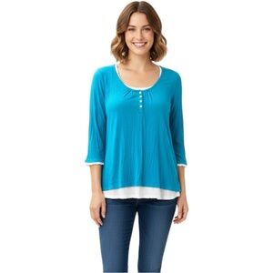 Chicos Size 1 M 8 Turquoise White Top Blouse